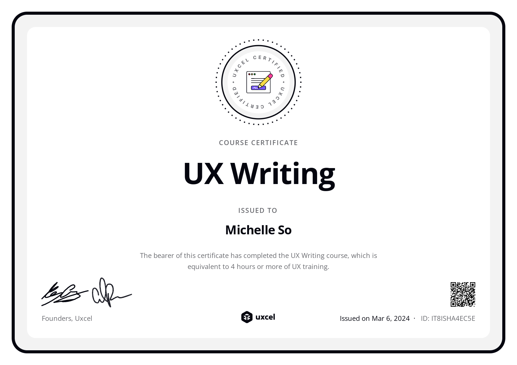Michelle So's certificate
